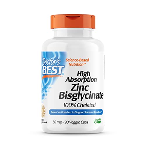 Doctor’s Best High Absorption Zinc Bisglycinate 50mg High Potency Supporting Enhancing Immune System Antioxidant VC, 90 Count