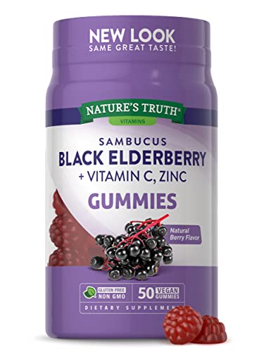 Nature’s Truth Sambucus Black Elderberry Gummies | 50 Count | with Vitamin C and Zinc | Natural Berry Flavor | Vegan, Non-GMO, Gluten Free | Extract Gummies for Adults