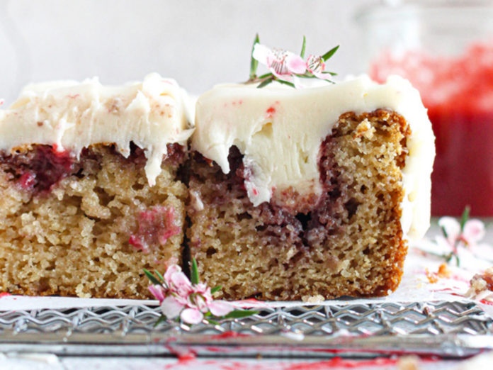Swirled strawberry cream sheet cake